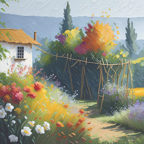 A painting of a house and flowers