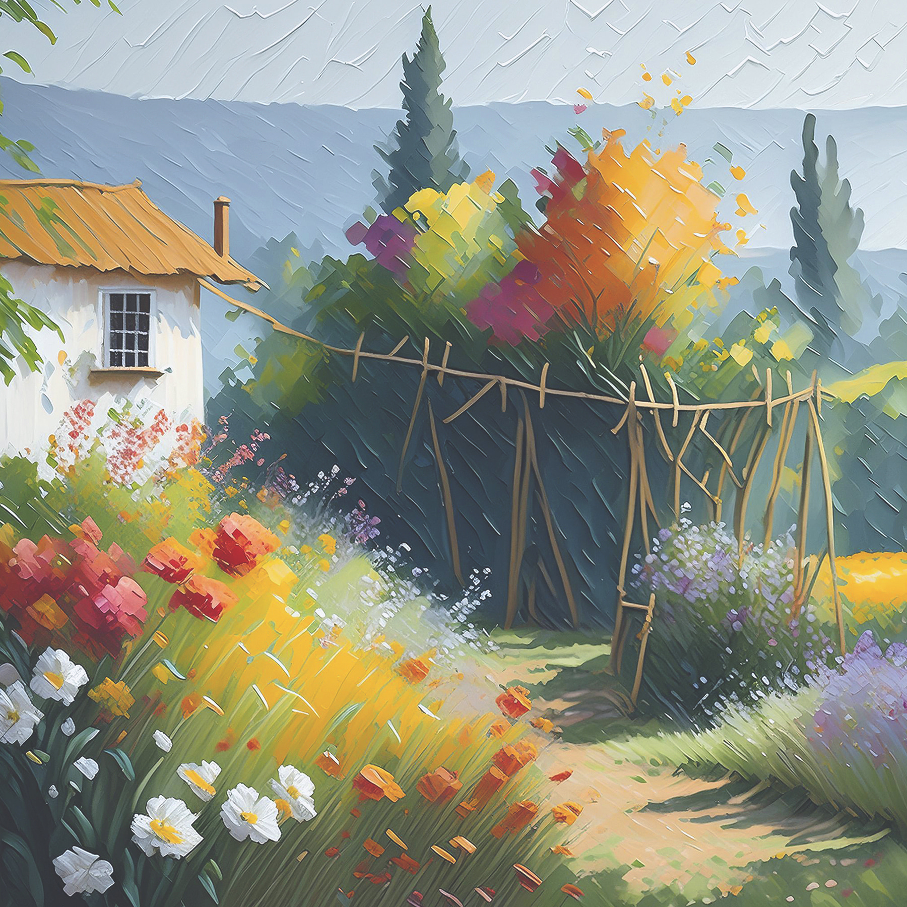 A painting of a house and flowers