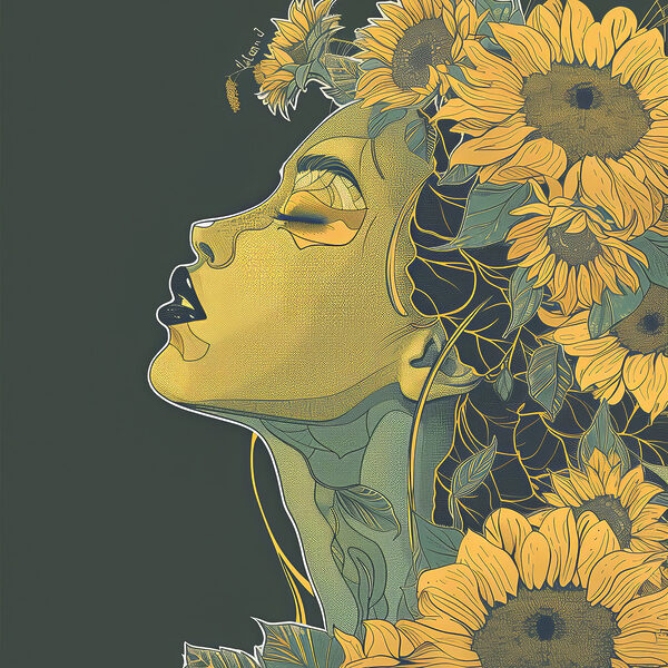 A woman with her eyes closed and flowers in her hair