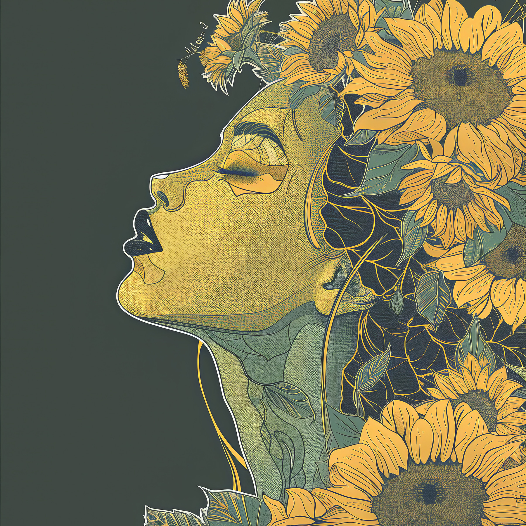 A woman with her eyes closed and flowers in her hair