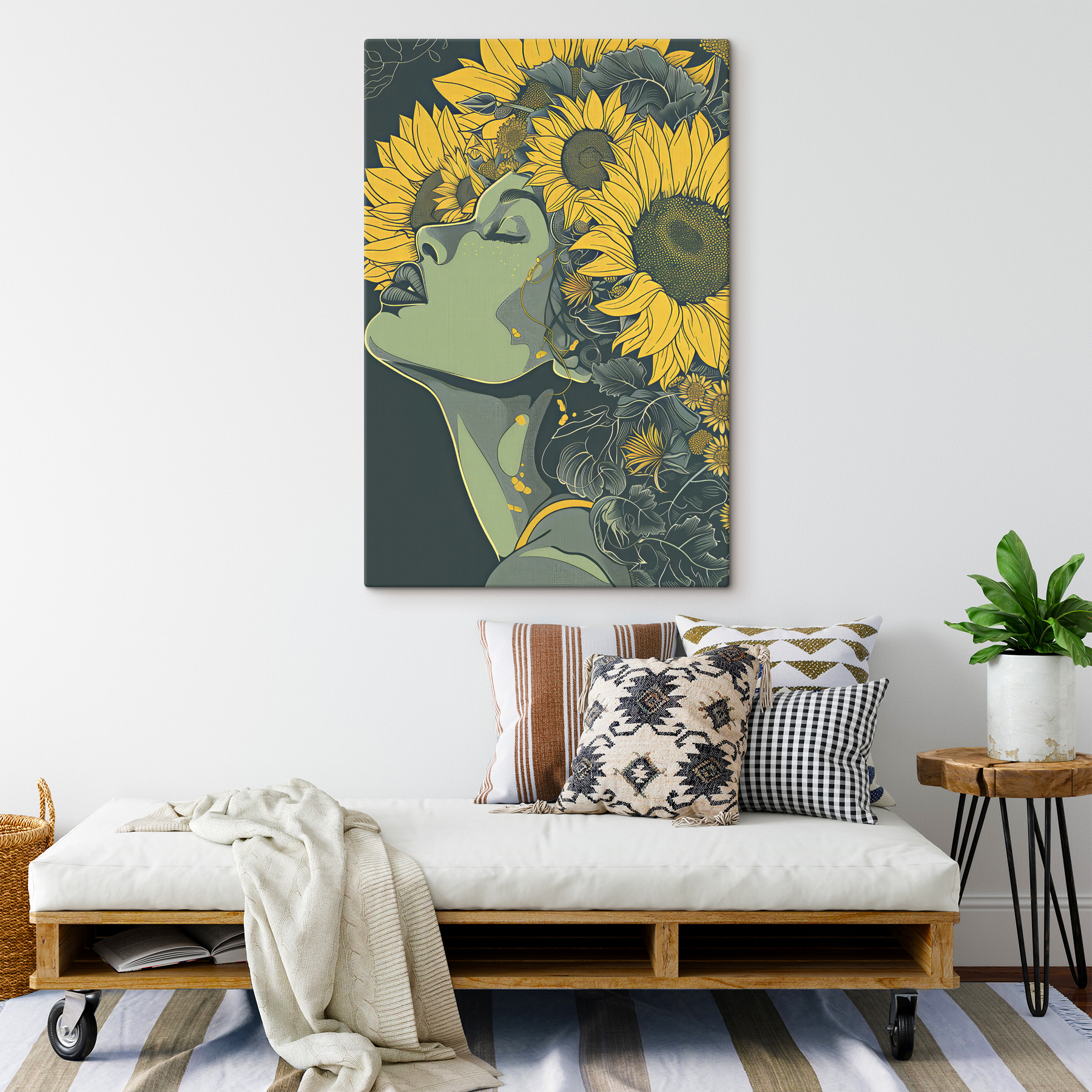 A woman with sunflowers in her hair