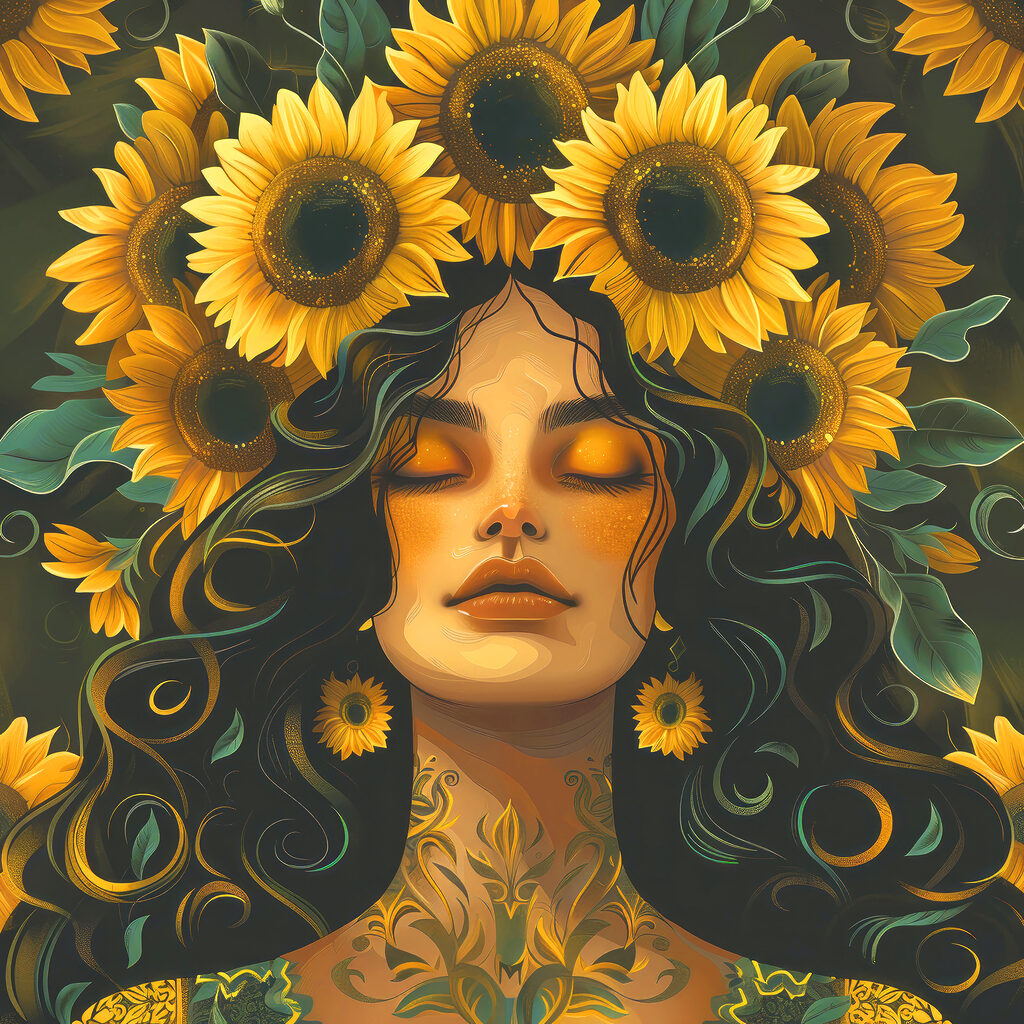 A woman with sunflowers in her hair