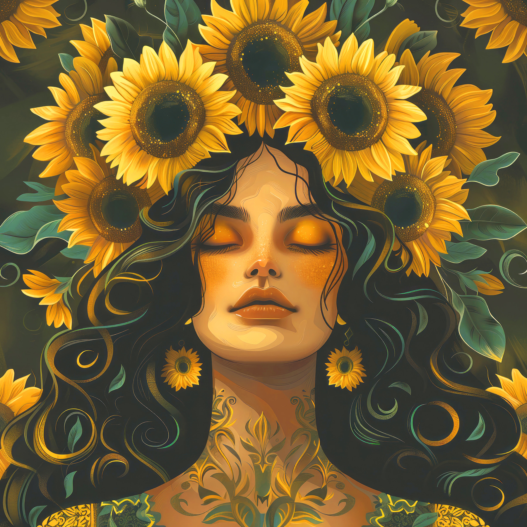 A woman with sunflowers in her hair