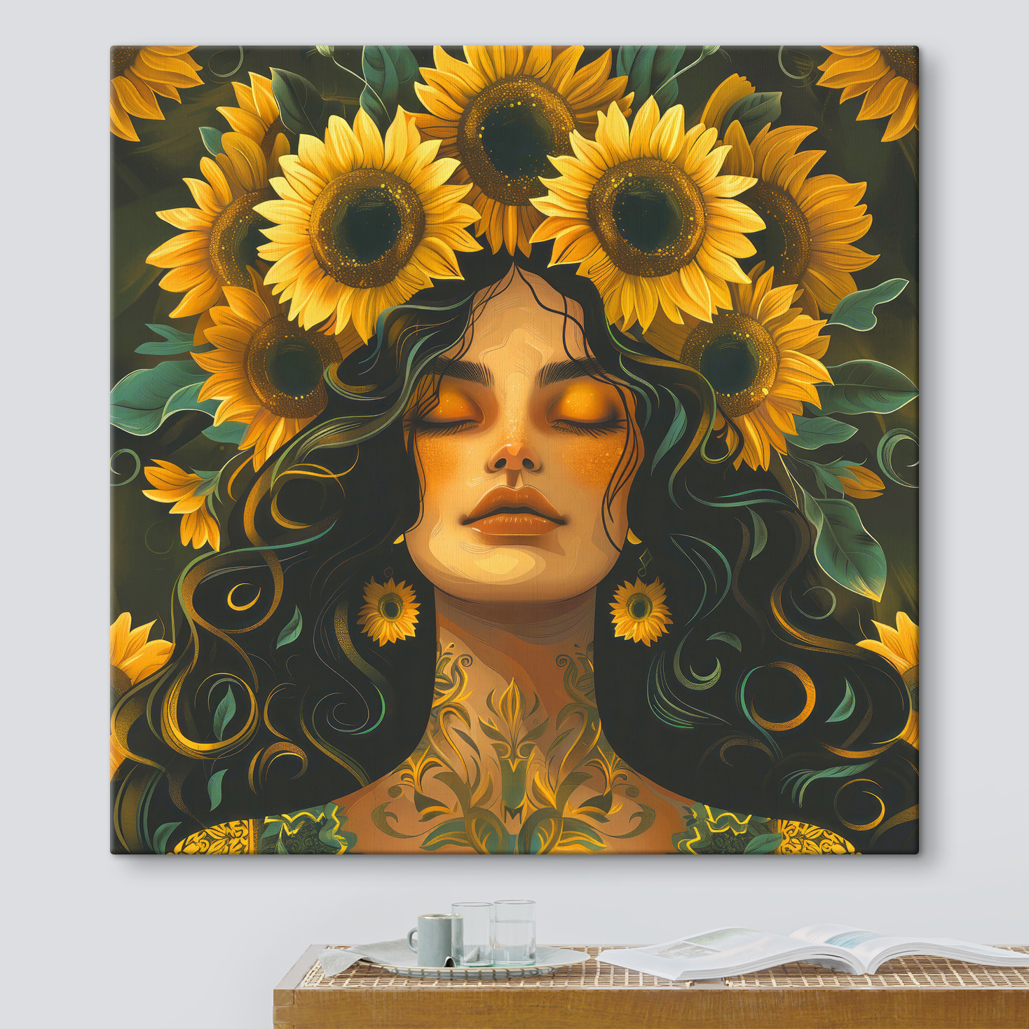 A woman with sunflowers in her hair