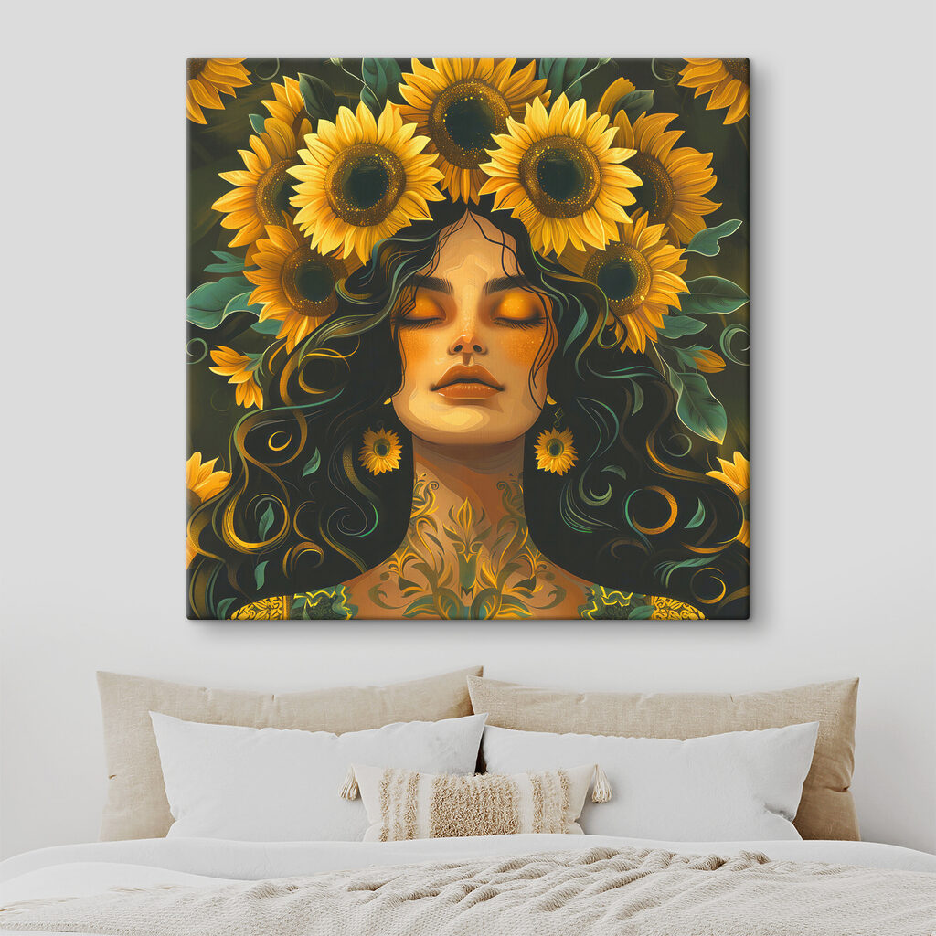 A woman with sunflowers in her hair