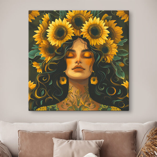 A woman with sunflowers in her hair