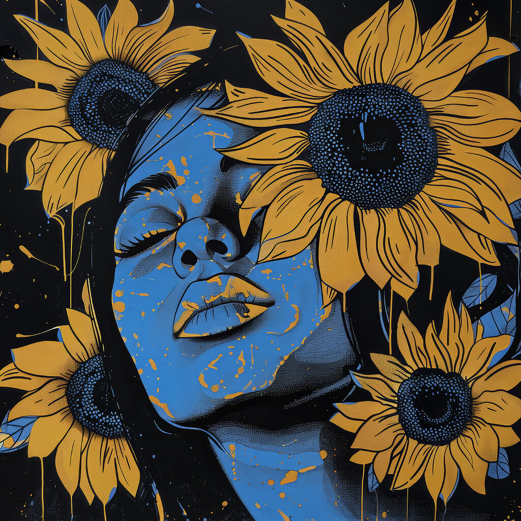 A painting of a woman with sunflowers
