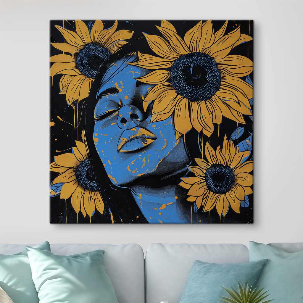 A painting of a woman with sunflowers