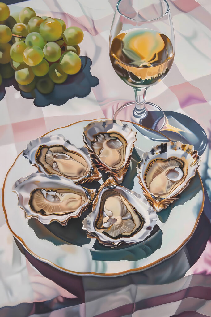 A plate of oysters and a glass of wine A plate of oysters and a glass of wine