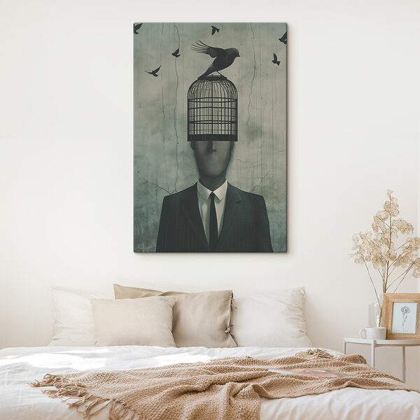 A bird on a cage over a man's head