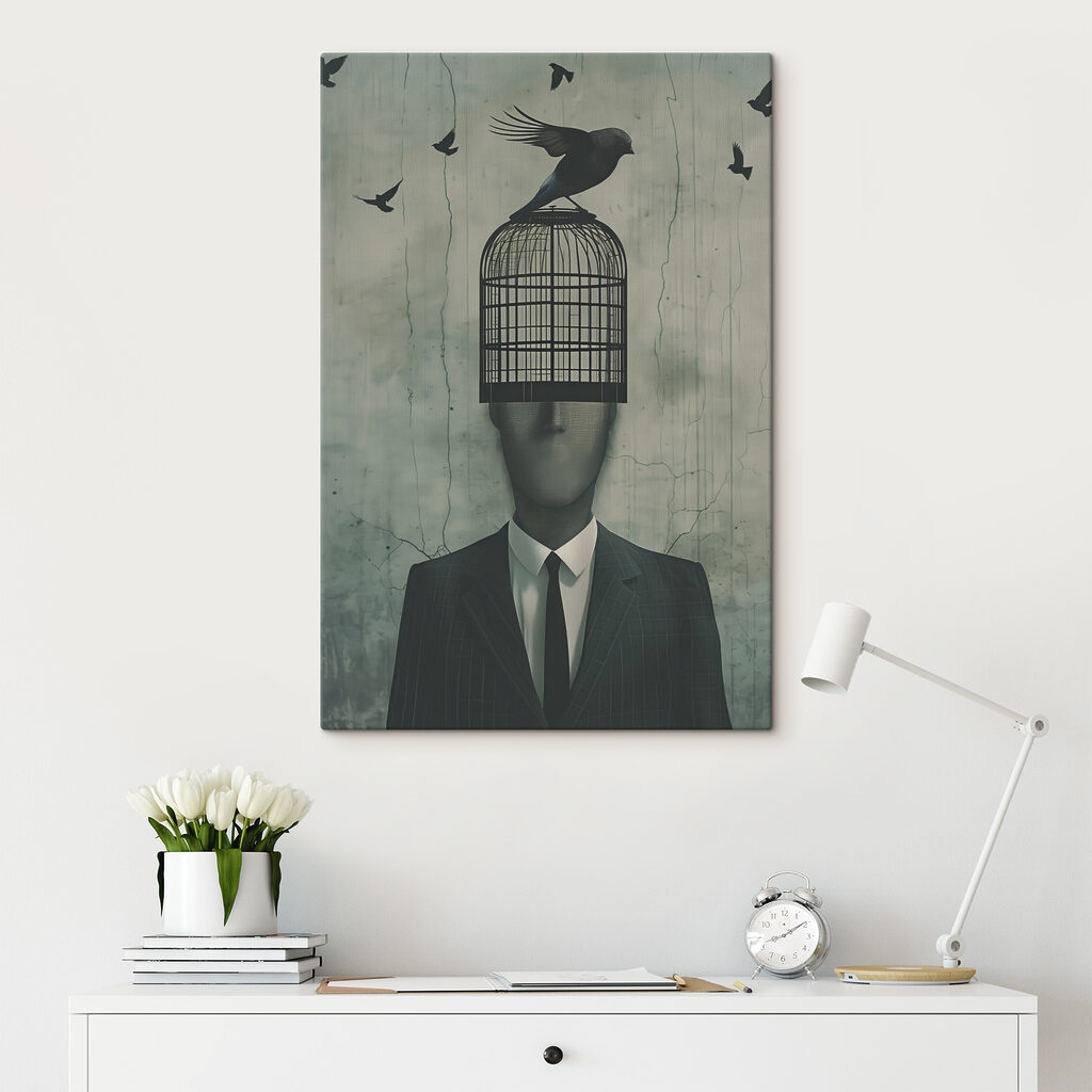 A bird on a cage over a man's head