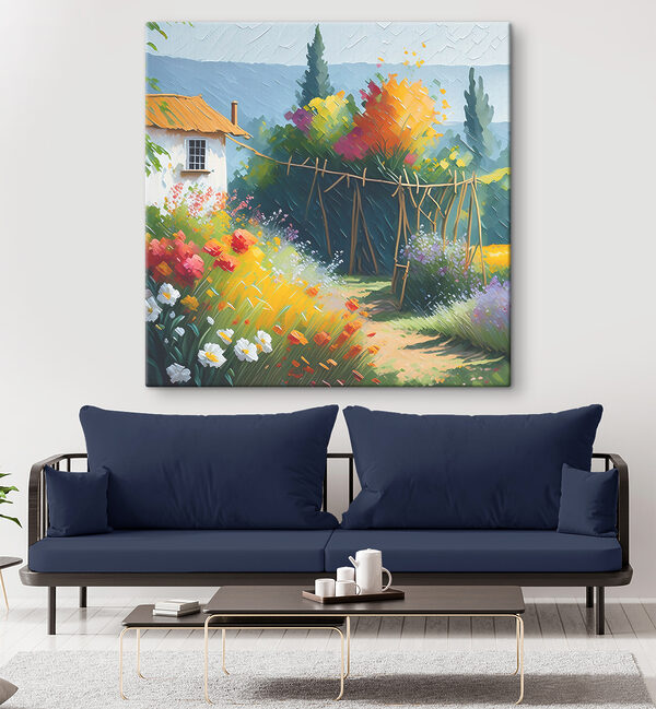 A painting of a house and flowers