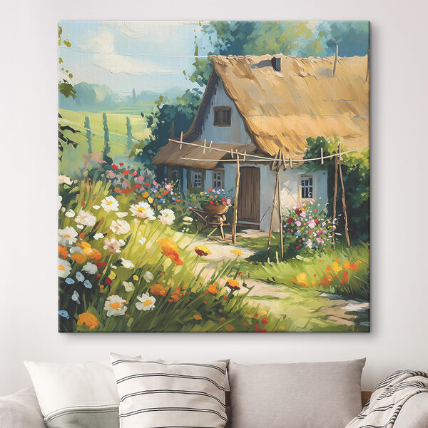 Quadri Quadri Un dipinto raffigurante una casa con fiori e piante (COD: s38491)