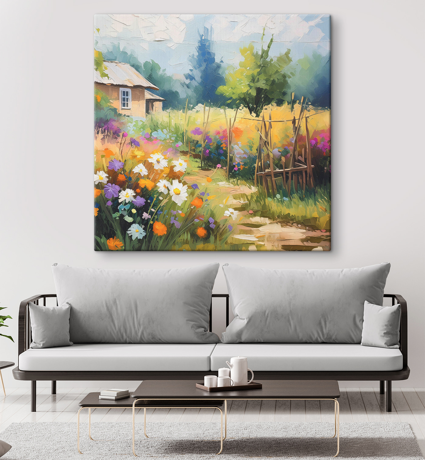 A painting of a house and flowers