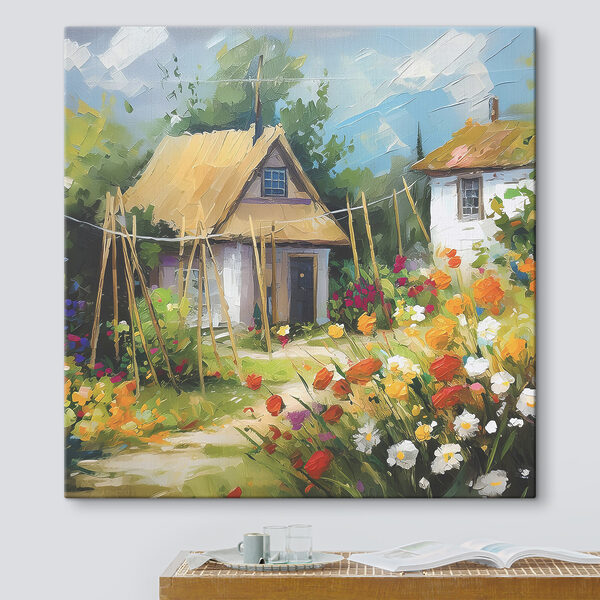 A painting of a house with flowers