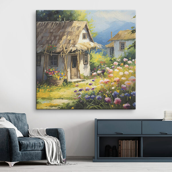 Quadri Quadri Un dipinto raffigurante una casa con dei fiori (COD: s38495)