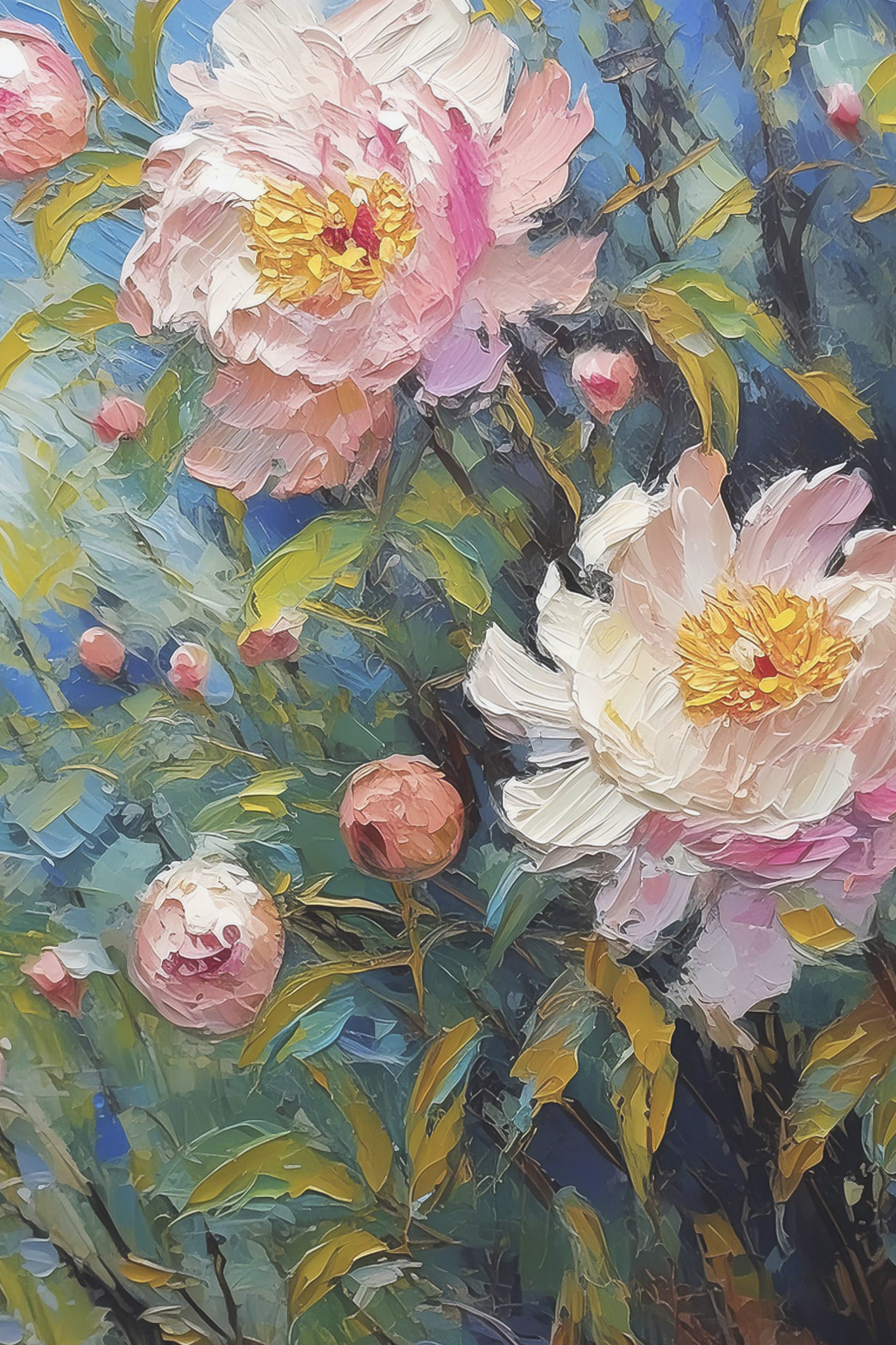 A painting of flowers on a branch