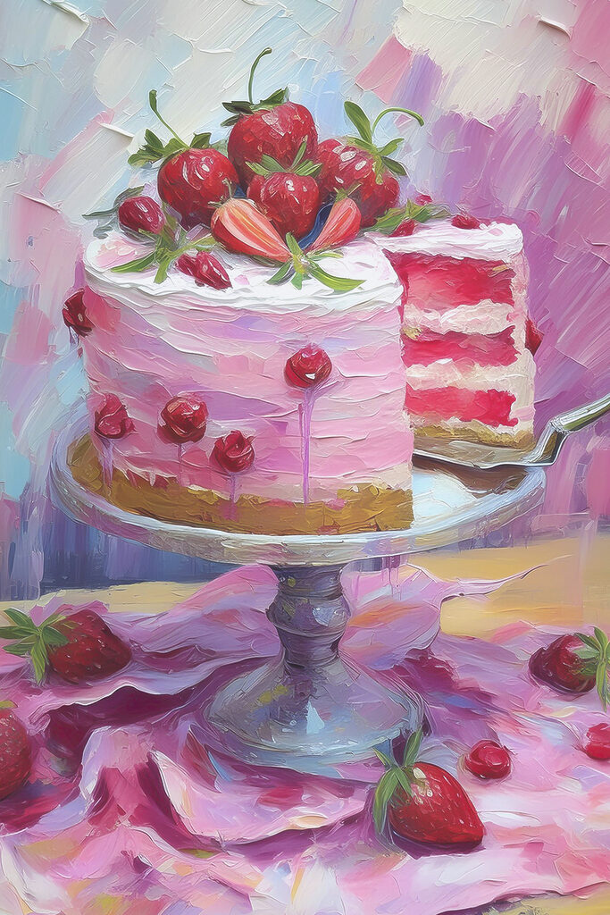A painting of a cake with a slice of cake