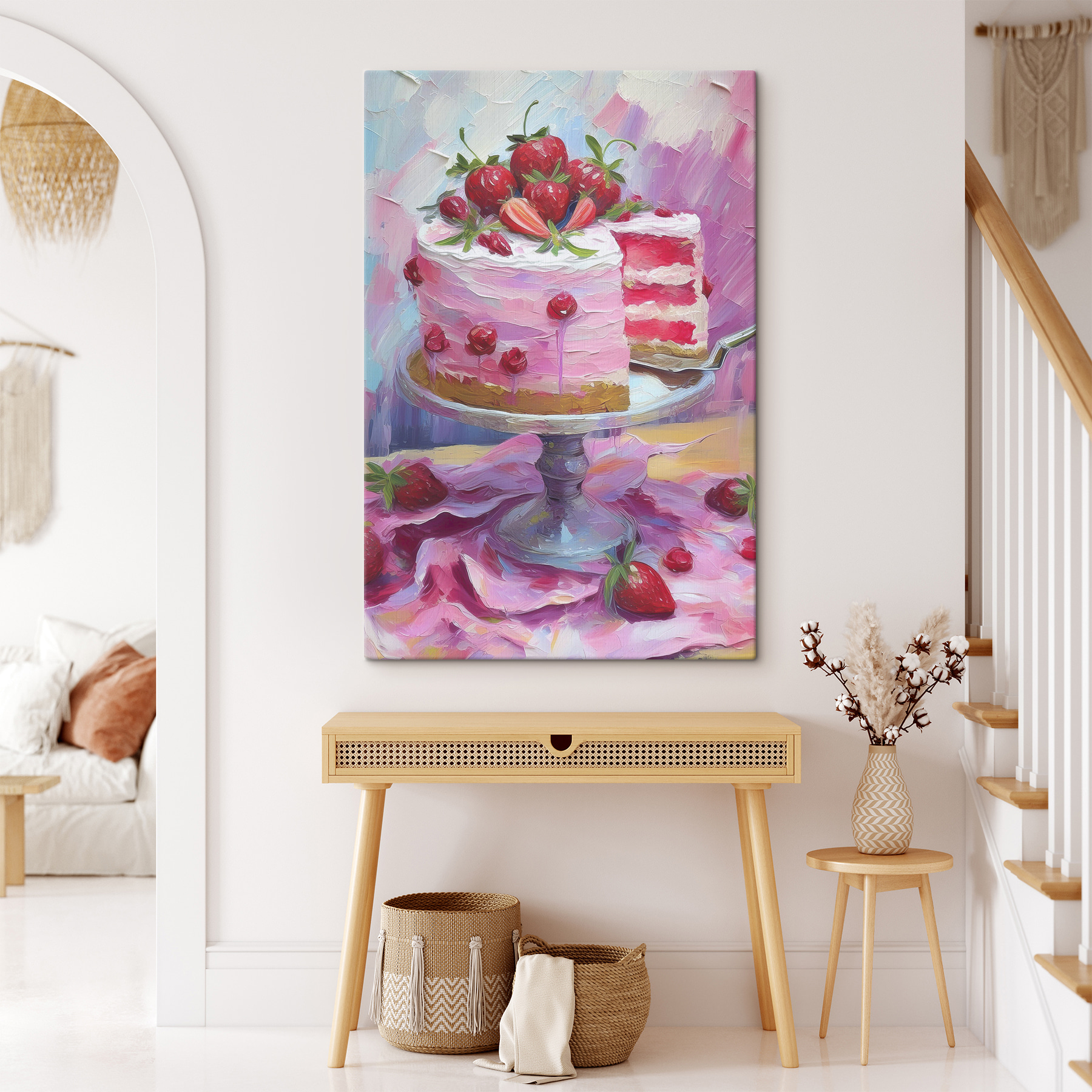 A painting of a cake with a slice of cake