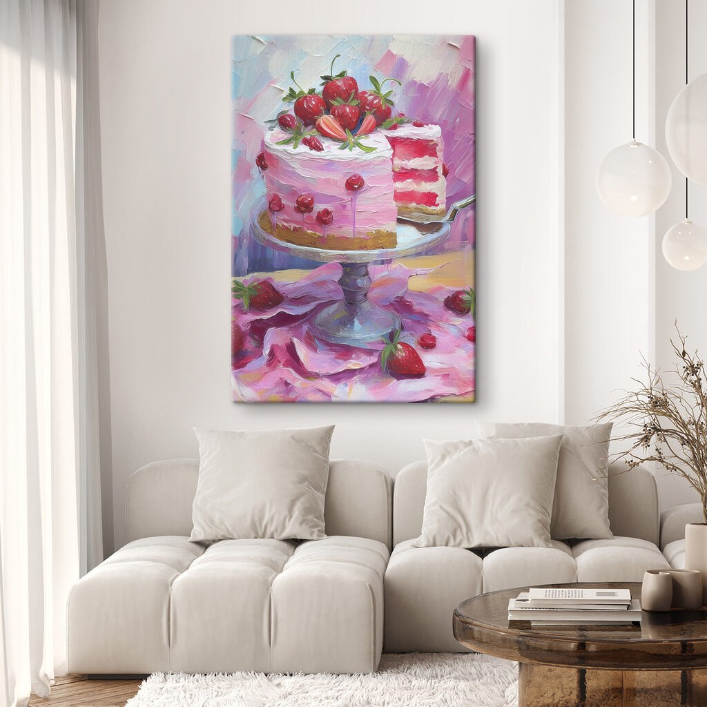 A painting of a cake with a slice of cake
