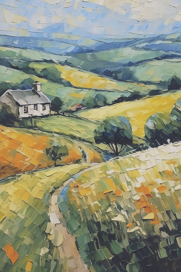 A painting of a house in a field
