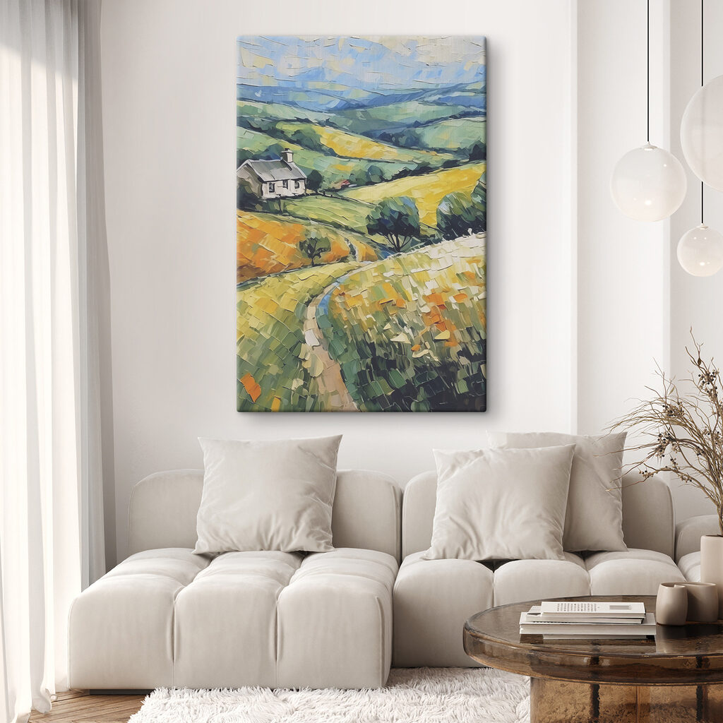 A painting of a house in a field