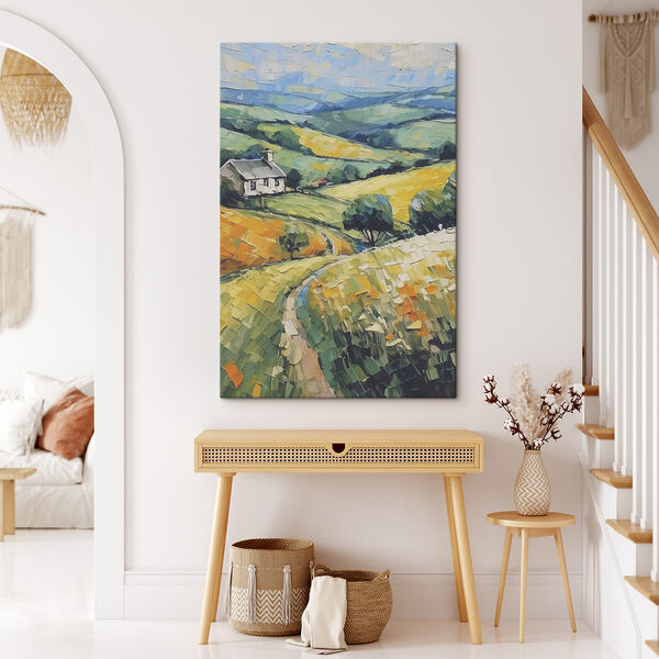 A painting of a house in a field