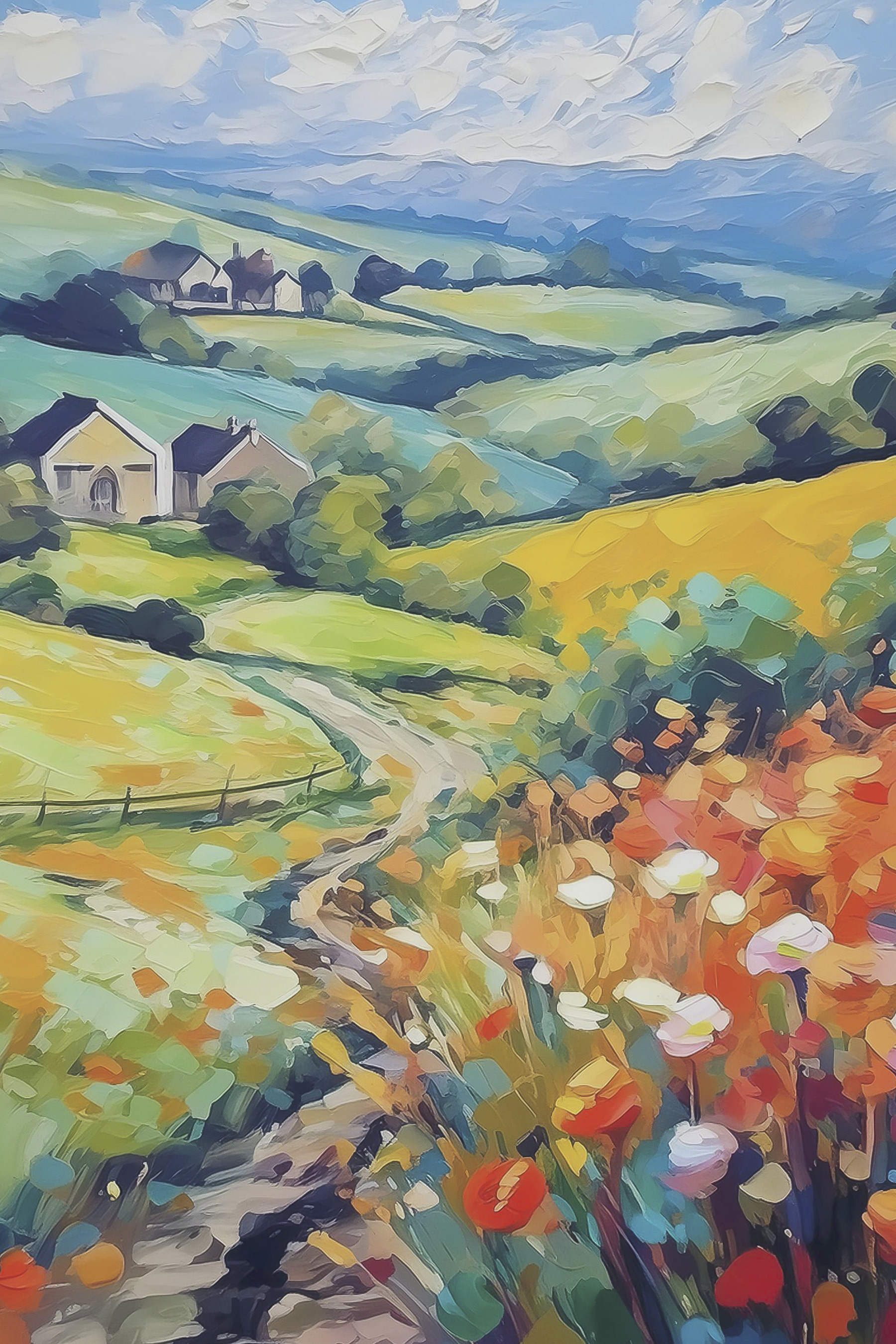 A painting of a landscape with houses and fields