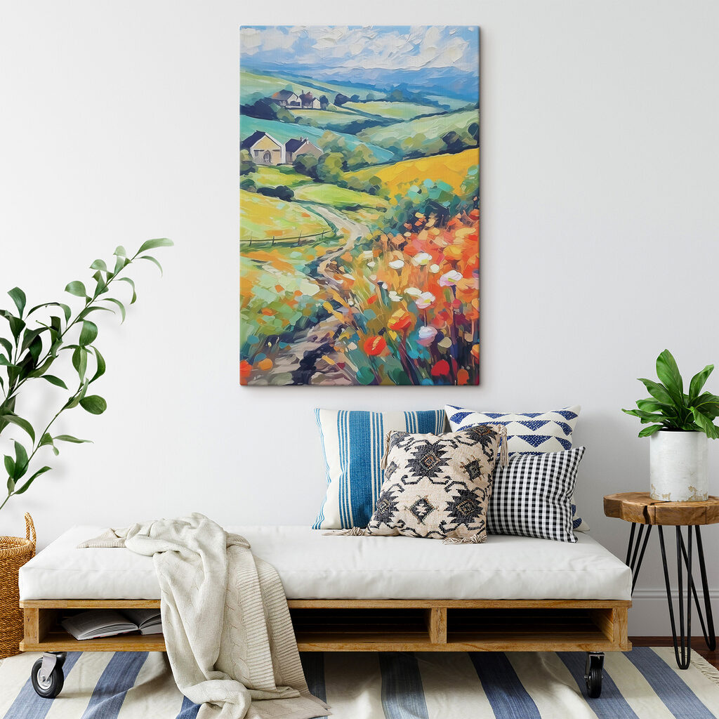 A painting of a landscape with houses and fields