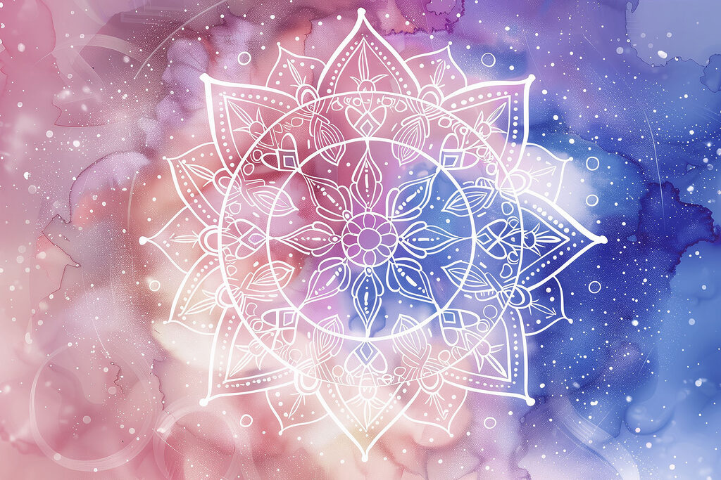 A white mandala on a colorful background