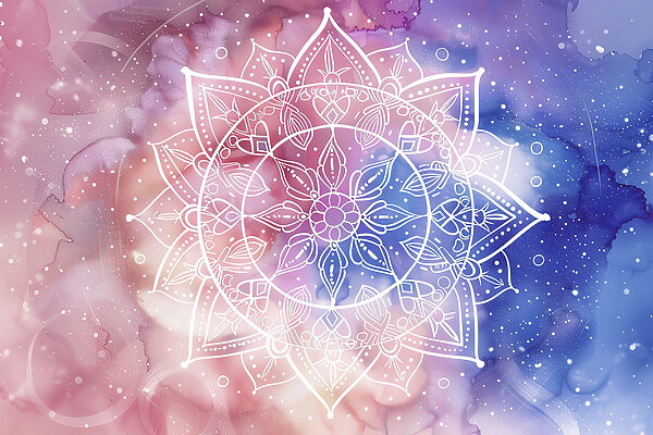 A white mandala on a colorful background