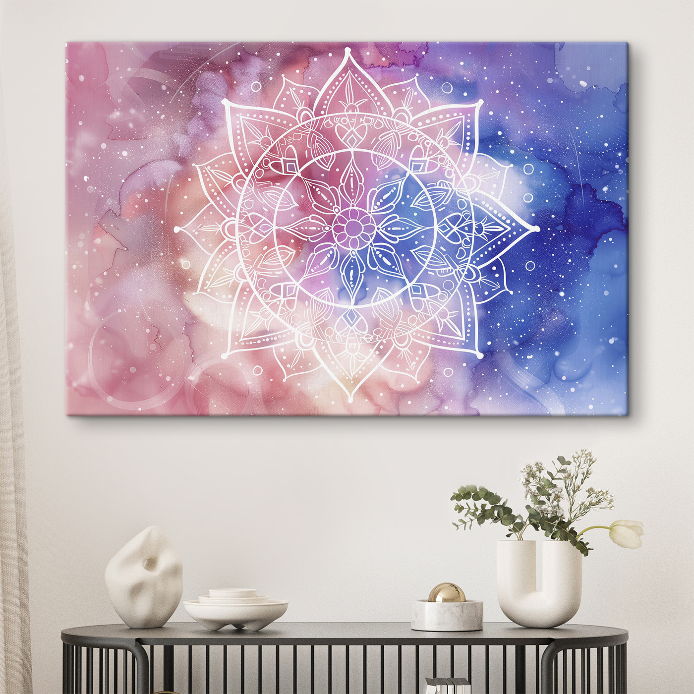 A white mandala on a colorful background