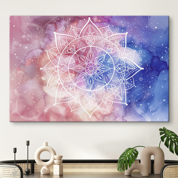 A white mandala on a colorful background
