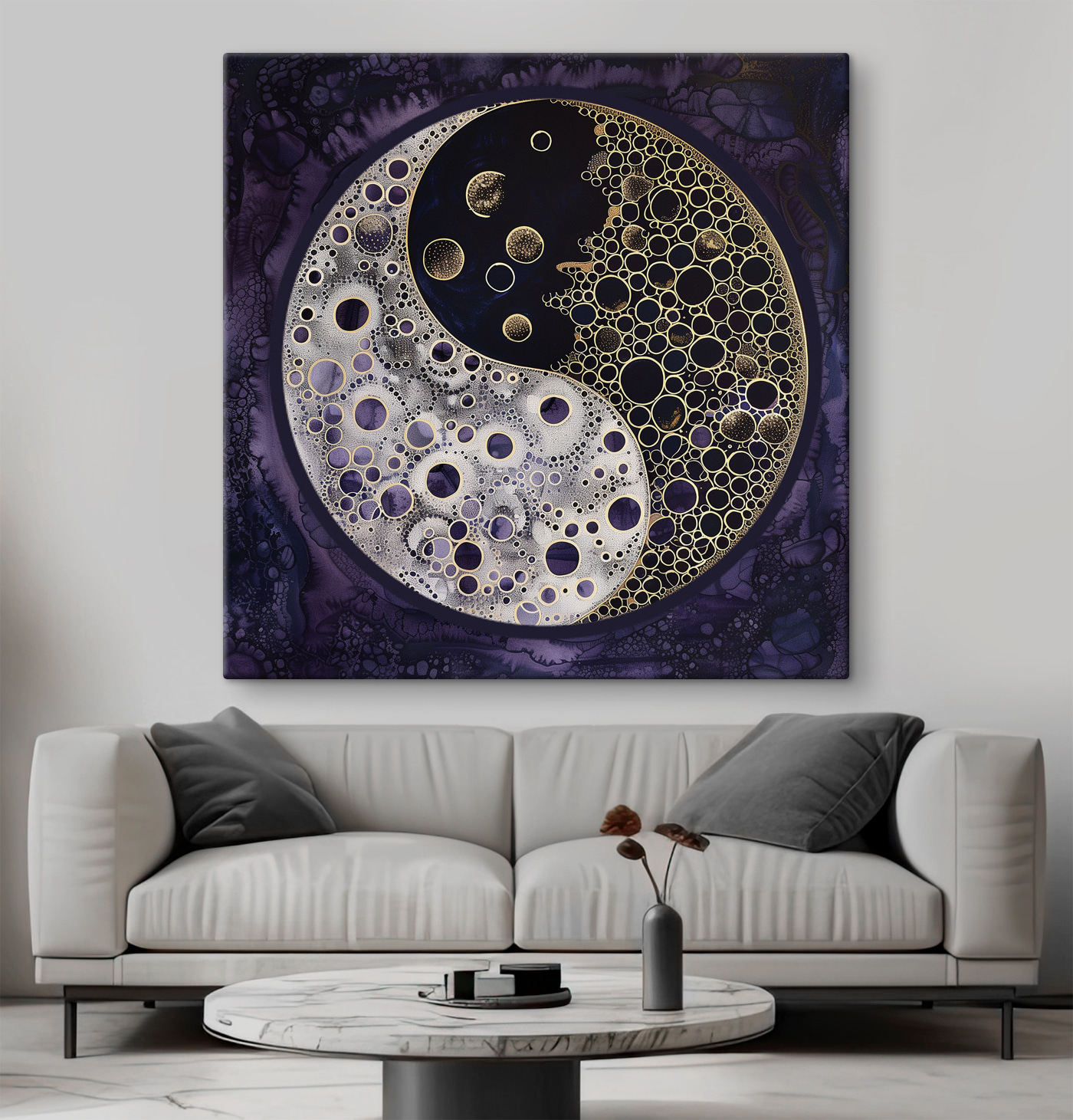 A yin yang symbol on a purple background A yin yang symbol on a purple background