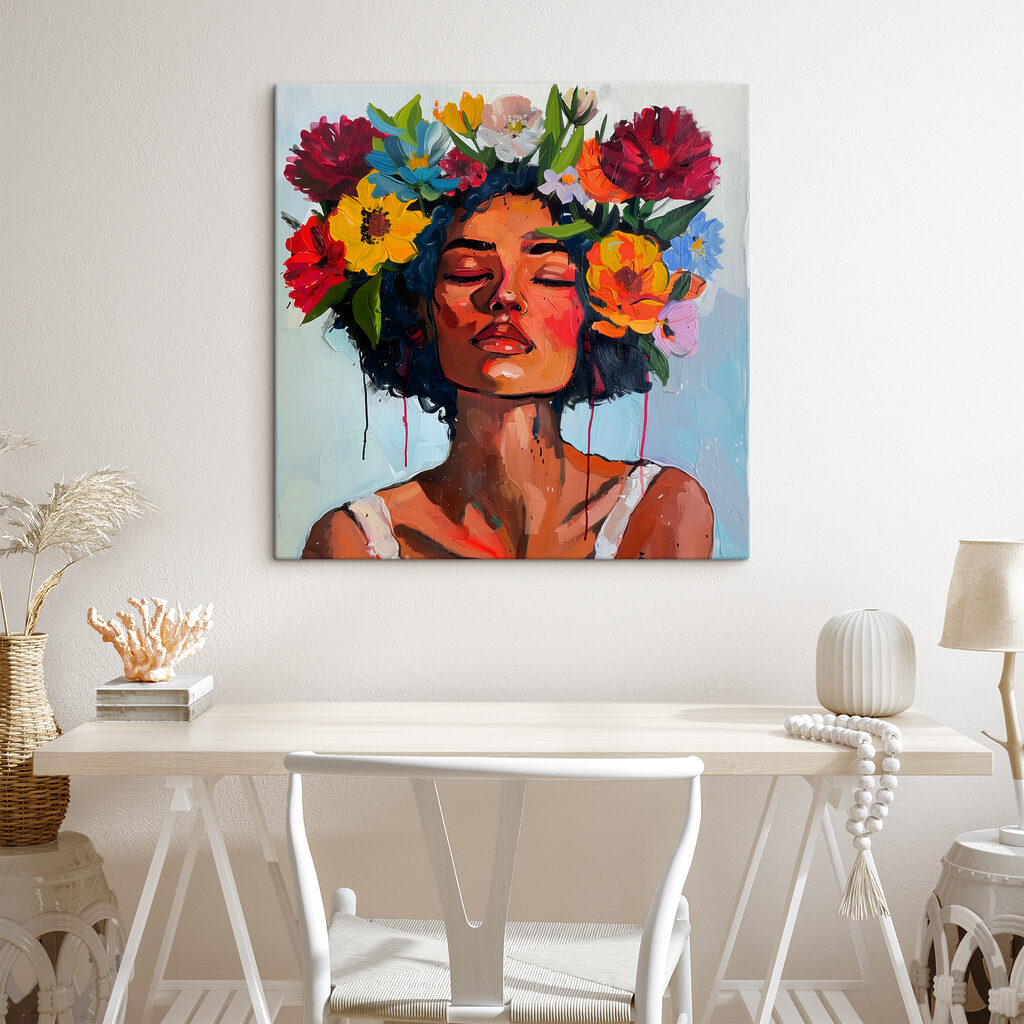 A painting of a woman with flowers in her hair