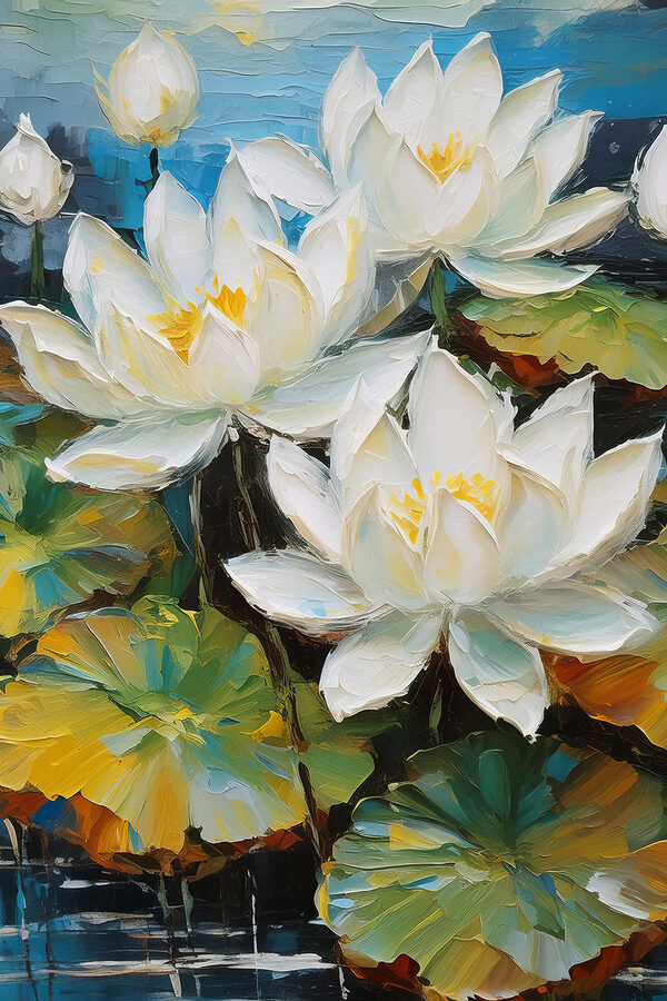 A close up of a painting of white flowers