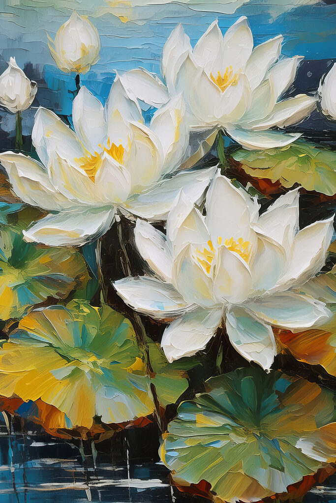 A close up of a painting of white flowers