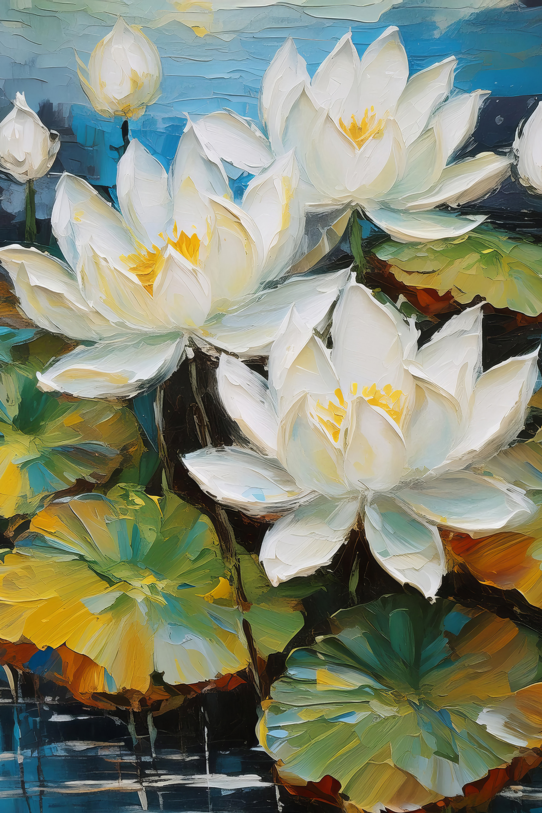 A close up of a painting of white flowers