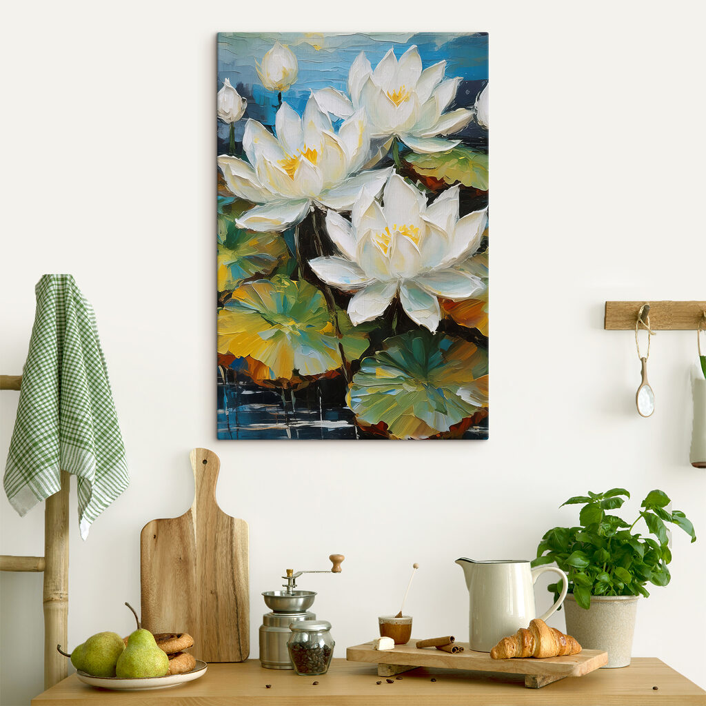A close up of a painting of white flowers