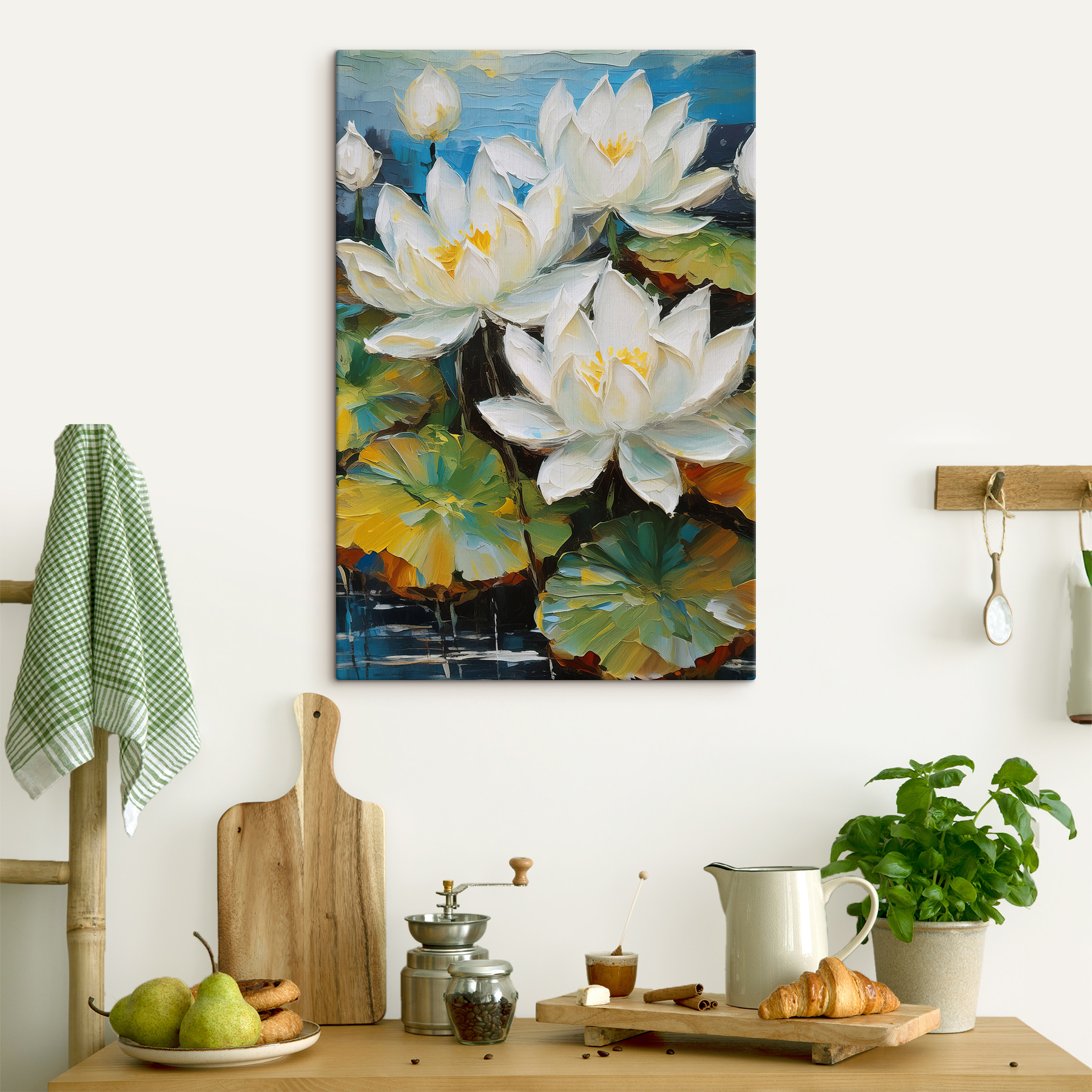 A close up of a painting of white flowers