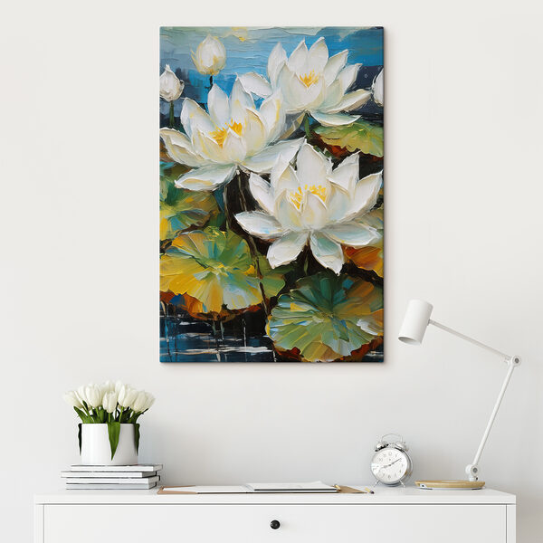 A close up of a painting of white flowers