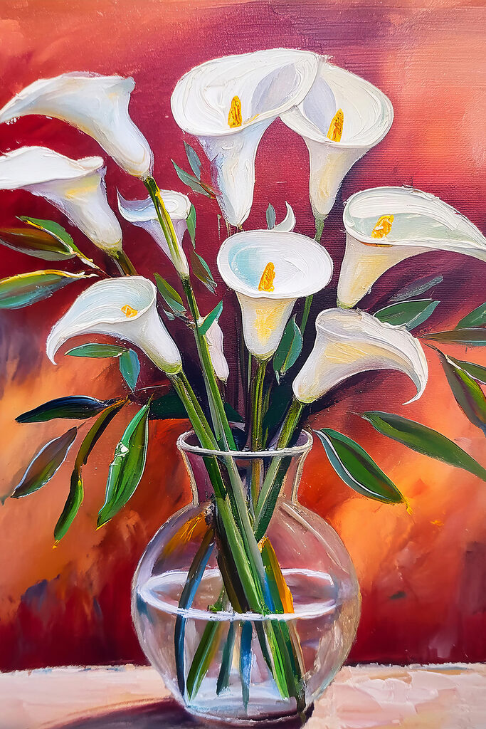A painting of white flowers in a vase