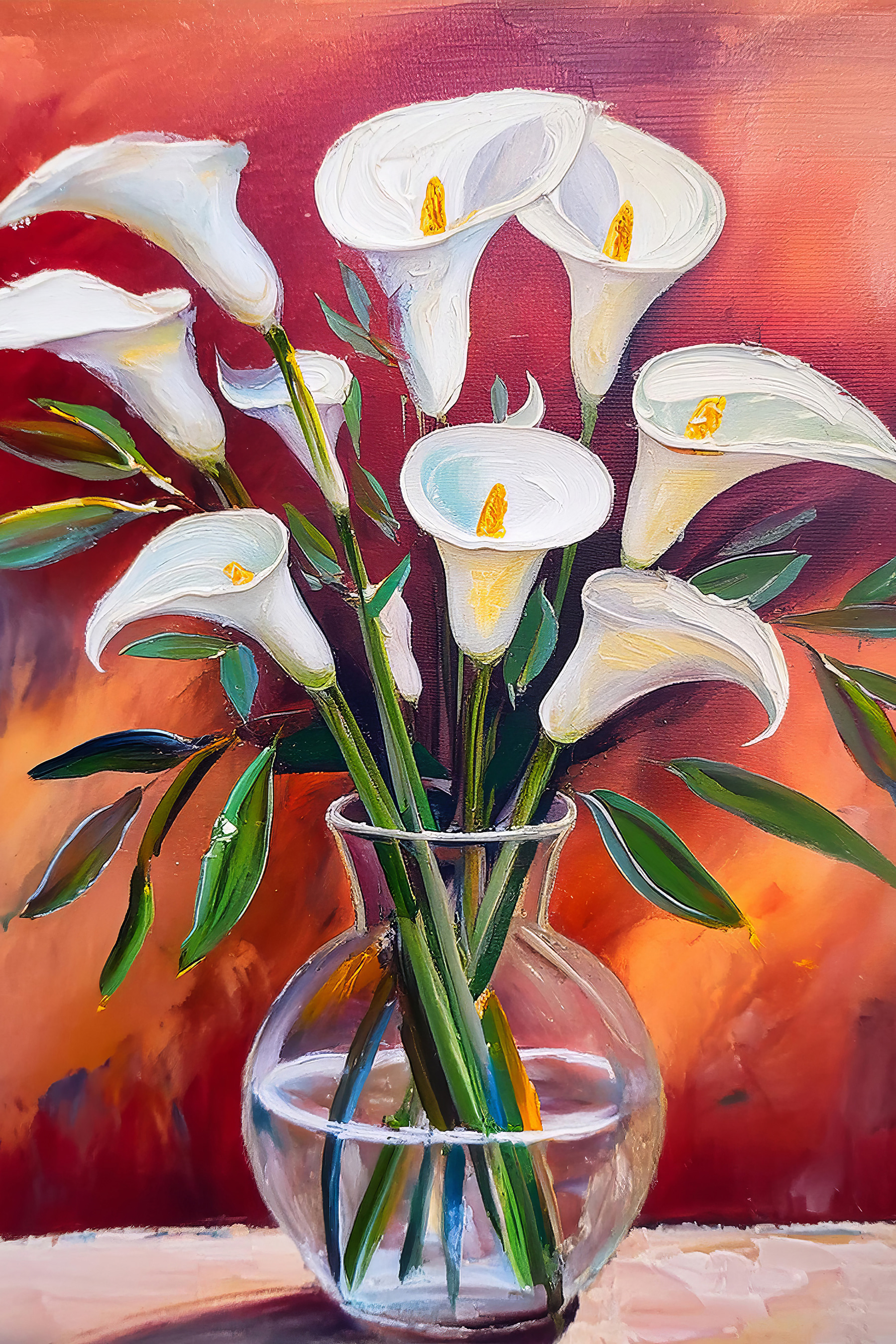 A painting of white flowers in a vase