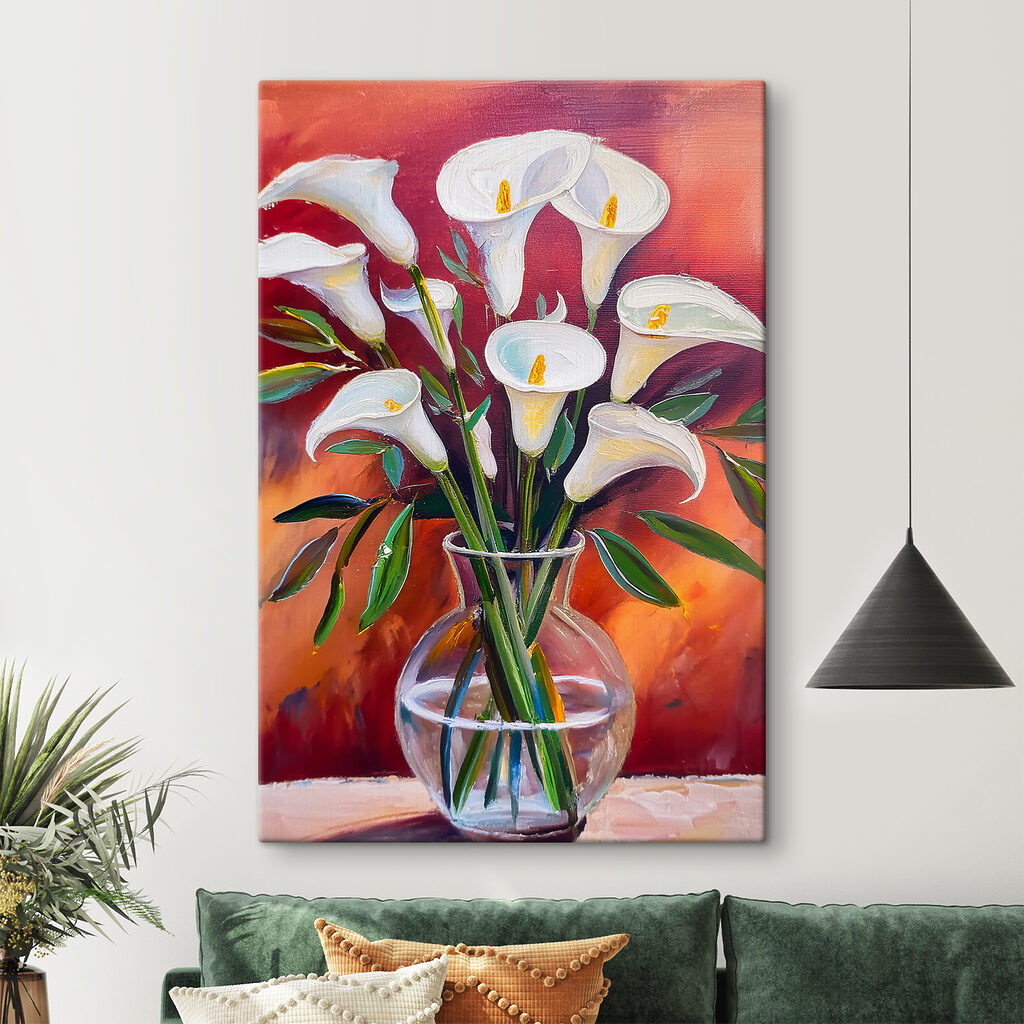 A painting of white flowers in a vase