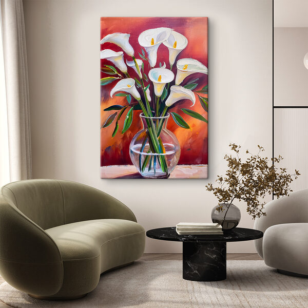 A painting of white flowers in a vase