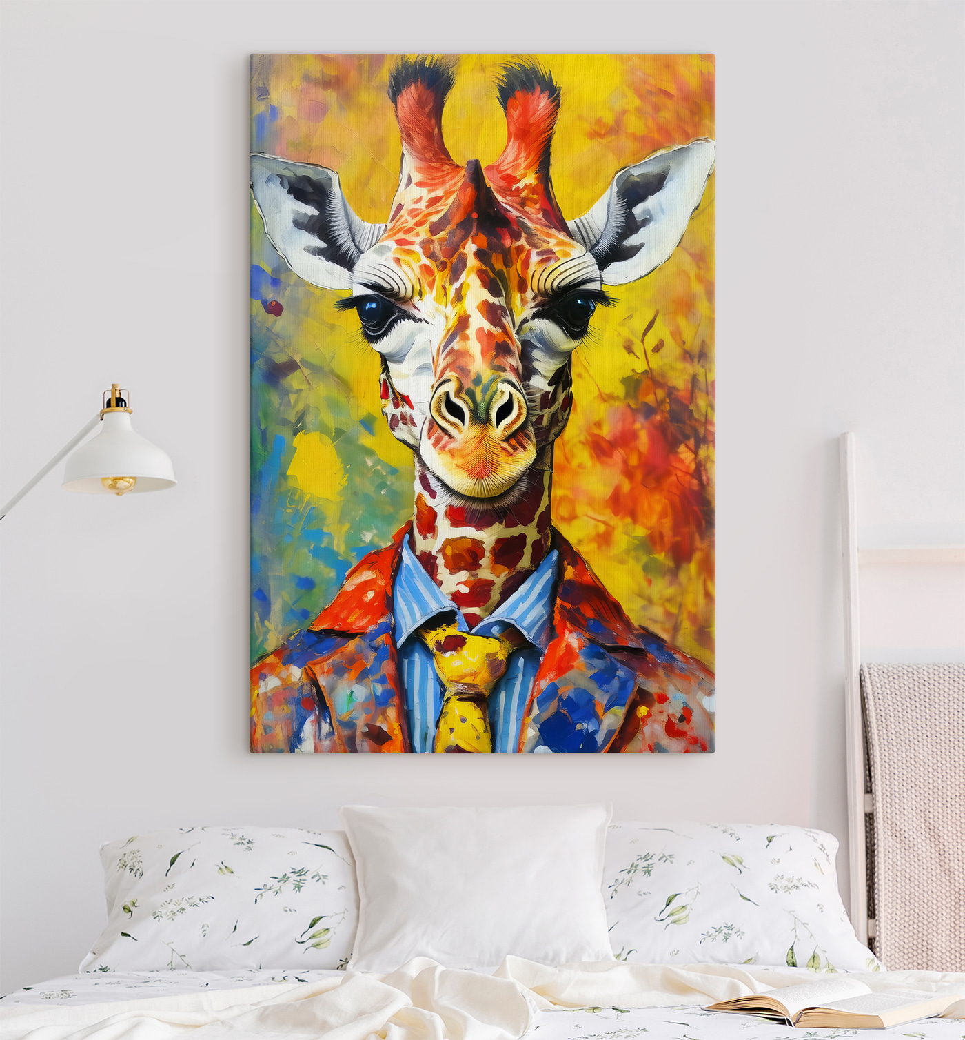 A painting of a giraffe wearing a shirt A painting of a giraffe wearing a shirt