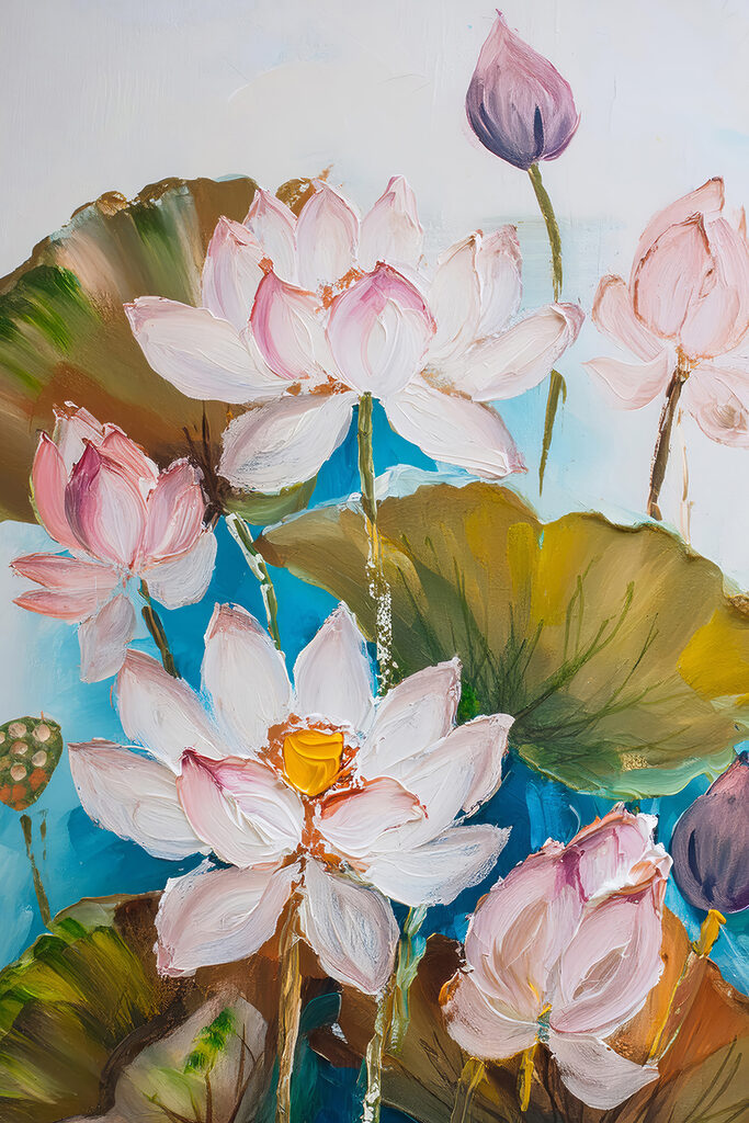 A painting of flowers and leaves