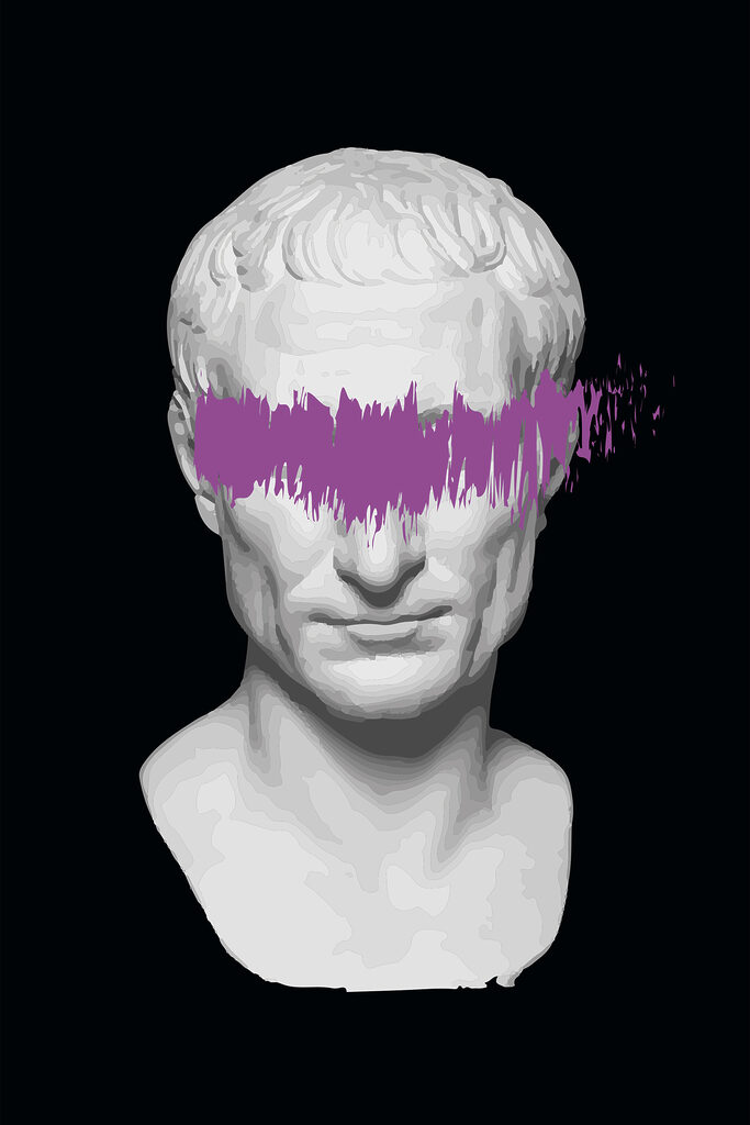 A white statue with purple line over eyes A white statue with purple line over eyes