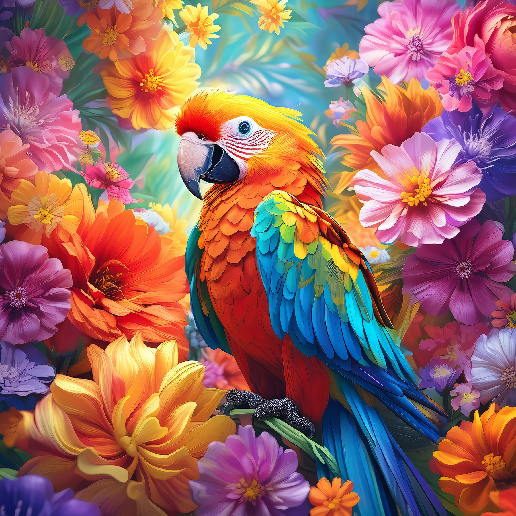 A colorful bird sitting on a branch surrounded by flowers