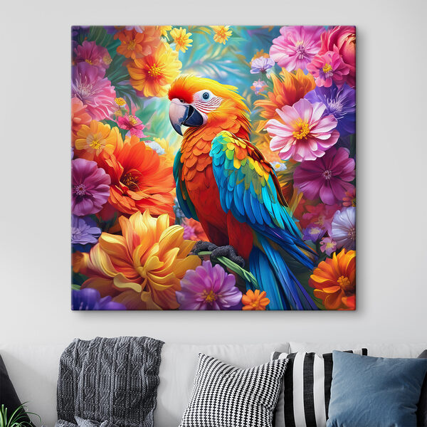 Quadri Quadri Un uccellino dai colori vivaci appollaiato su un ramo circondato da fiori (COD: s38611)